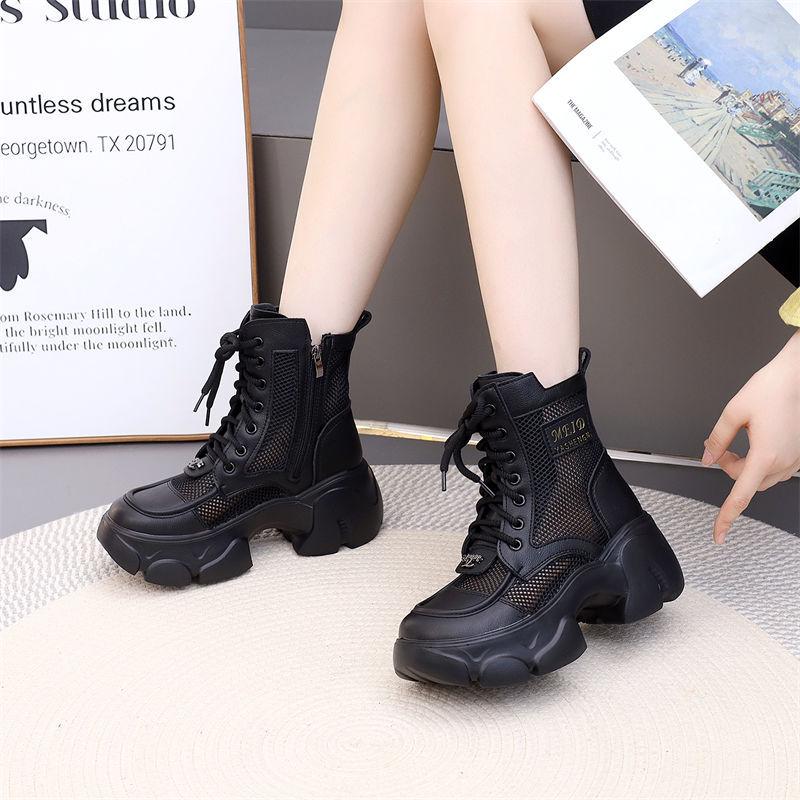 2025 Genuine Leather Women's Mesh Martin Boots, Thick Sole, 7cm Height Boost, Spring/Summer Style, Lightweight and Breathable Design.