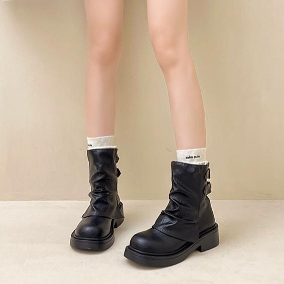 British retro design pleated leather boots slim short boots autumn and winter muffin thick-soled trousers women's knight boots