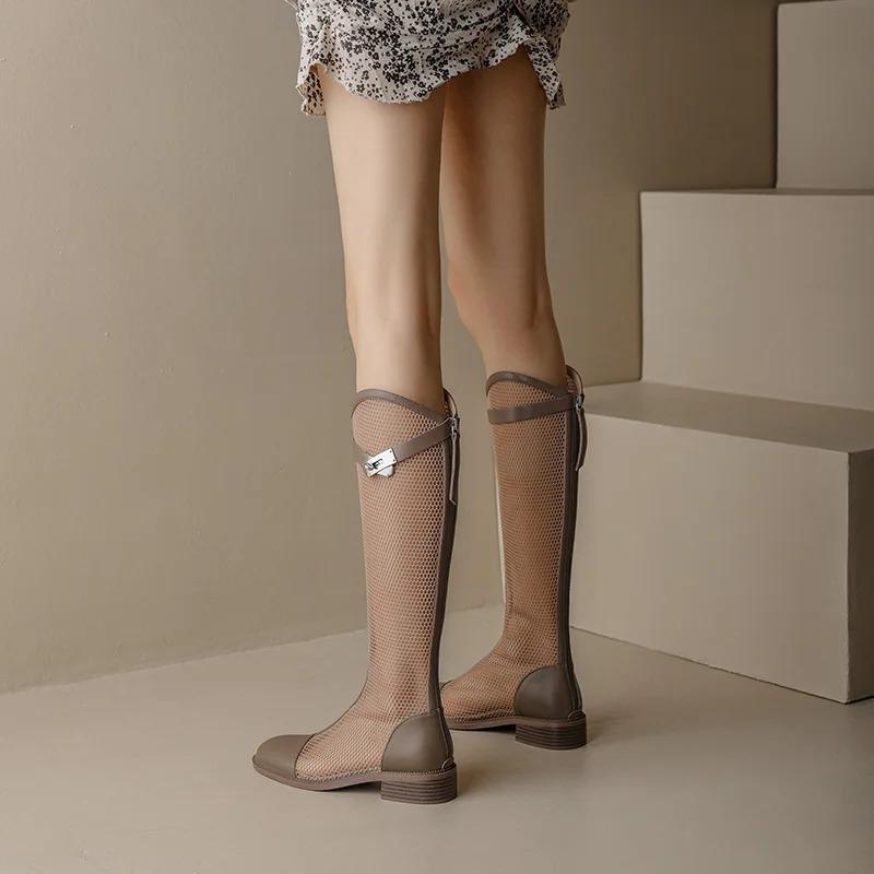 Bottes hautes en maille d'été à bouche en V pour femmes, bottes de chevalier en maille respirante, bottes à fond épais creuses mais longues au genou, bottes cool