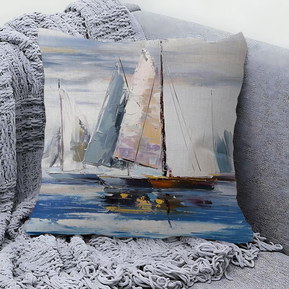 Boat Bay Beach Canvas Painting Pillow Gift Home Office Decoration Pillow Bedroom Sofa Car Cushion CoverPillow Case