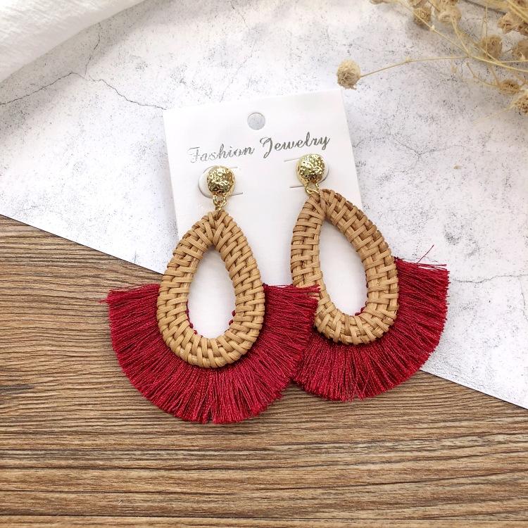 Holiday Style Handmade Grass Rattan Woven Earrings Retro Fringed Simple Stud Earrings Temperament Versatile Women's Earrings
