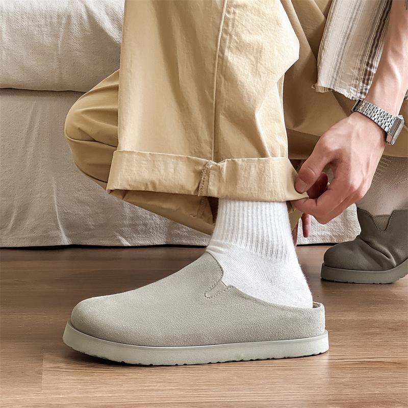 Half Shoes For Men Women Couple Mules Loafers Slippers Open-Back Casual Shoes Suede Leather Slides Sandal Platform Slip On Flats