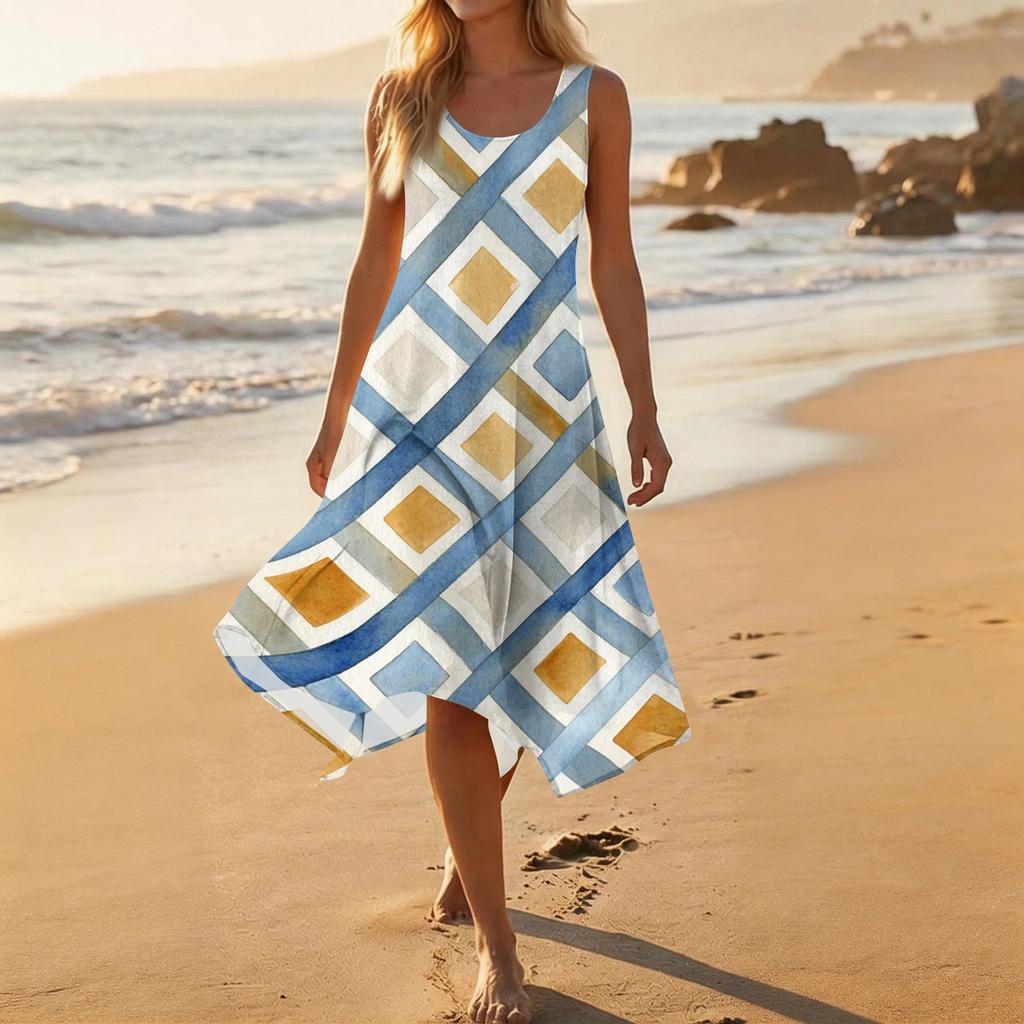 Women's Casual Sleeveless Dress Mid-Length Floral Print Round Neck Irregular Hem Summer Beach Dress Lightweight Comfortable