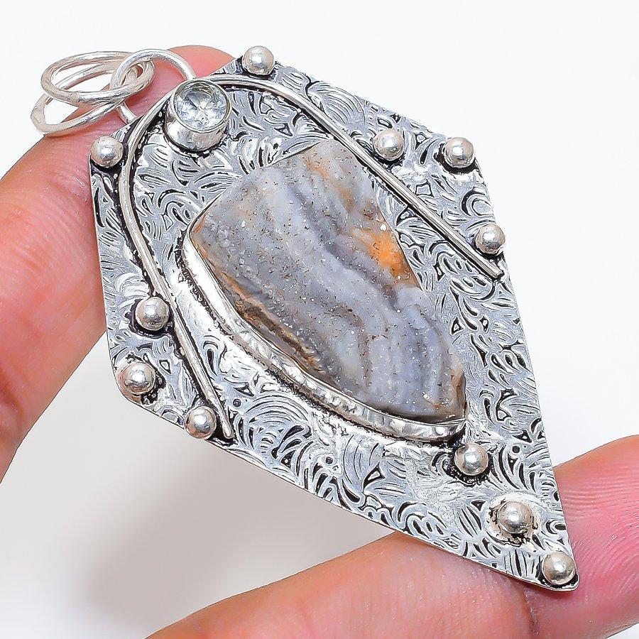 Natural Desert Rose Druzy, Topaz 925 Sterling Silver Jewelry Pendant 2.96" ZS-807