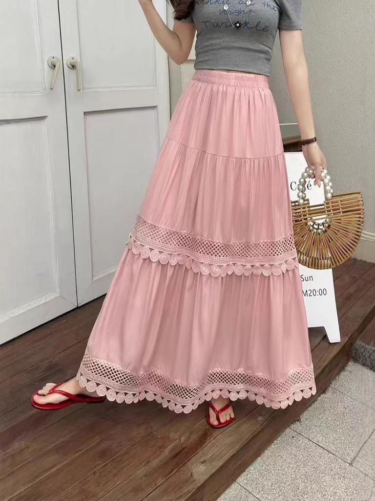 French Lace Patchwork A-line Elastic Waist Skirt