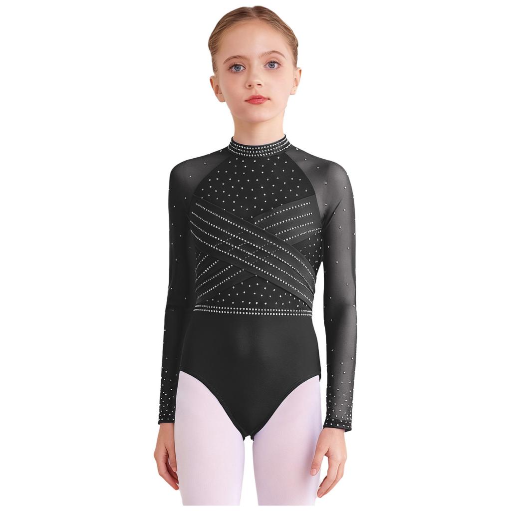 Dívčí průhledný síťovaný trikot s dlouhým rukávem, kamínky, gymnastický, s vykrojením vpředu a vzadu, body