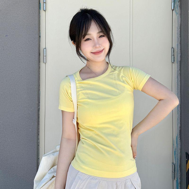 Spring and Summer New Seamless Stretch Yoga T-shirt Slim Fit Quick-Drying Sports Short Sleeve Women Running Outdoor Breathable Fitness Top