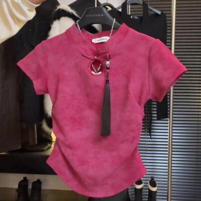 Women's Summer Qipao-Style Cropped T-shirt: Stand Collar, Regular Shoulder, Short Sleeve, High Waist, Plus Size, Spicy New Chinese Style