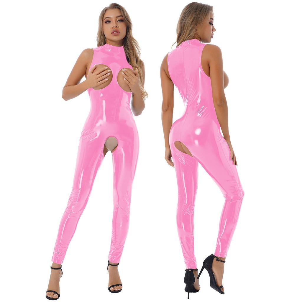 Women's Wetlook Bodysuit Latex Catsuit Leotard Patent Leather Sleeveless Bodycon Jumpsuit Sexy Lingerie Clubwear