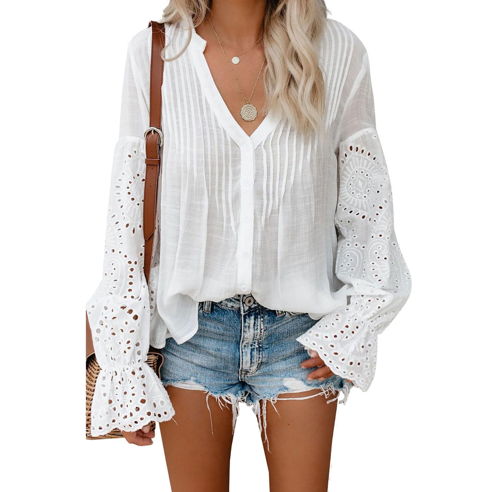 

Рубашки для женщин с V-образным вырезом, кружевные вязаные крючком рубашки с рукавами-колокольчиками, повседневные туники, блузки, топы XL белый
