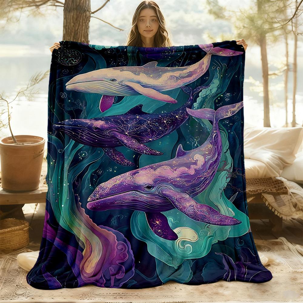 1PC Whale Fantasy Outdoor Blanket Lightweight Flannel, Soft & Warm, All-Season Use for Sofa, Outdoor, Camping, Living Room, Office69