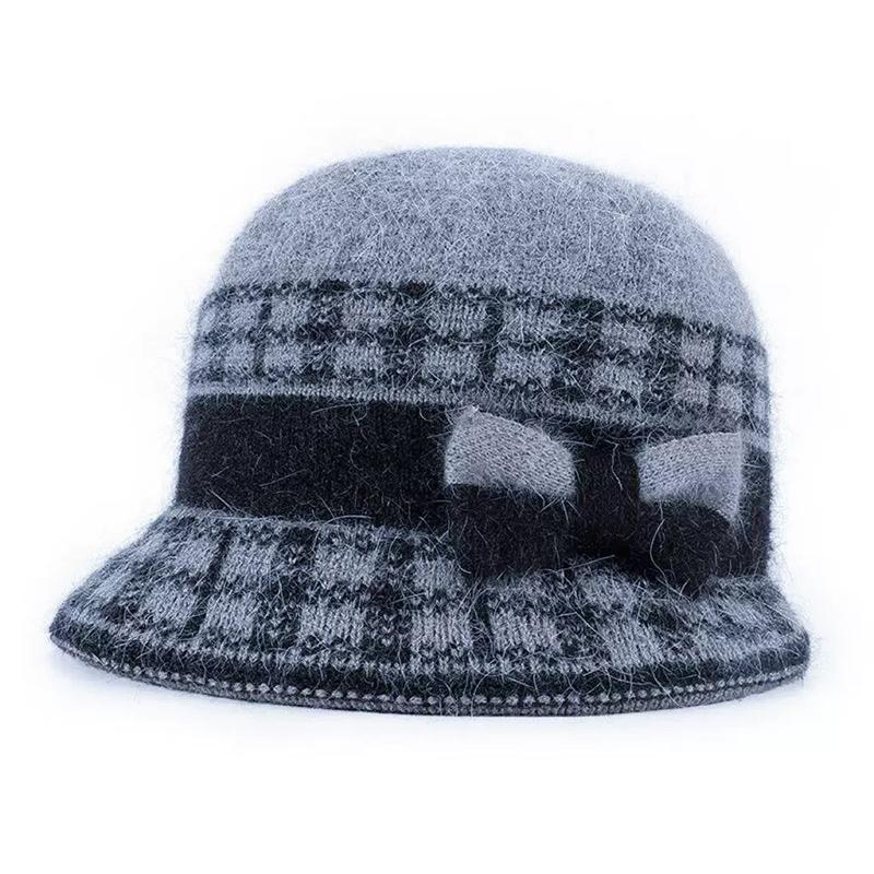 Fashion Outdoor Thickened Fleece Knitted Hat Winter Rabbit Fur Baseball Cap Warm Bow Basin Cap For Middle-Aged And Elderly