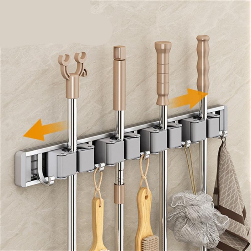 3/4 Hooks Gray Mop Holder Broom Organizer Rack Mop Holder Wall Mounted Strong Broom Mop Holder Self Organizers Hang Broom