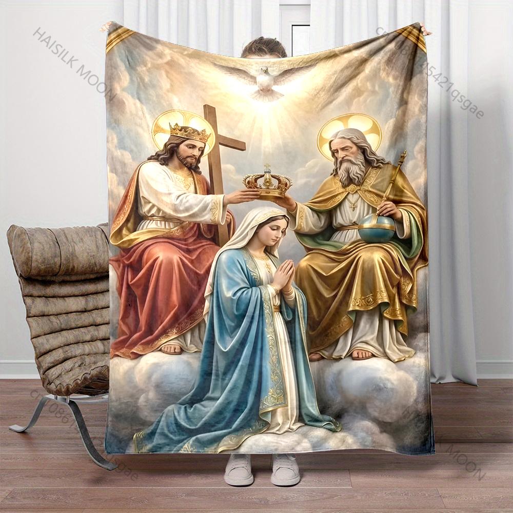 1PC Religious figures and Holy Dove Print Believer Pray blanket Warm soft flannel material suitable for all seasons luxury gift