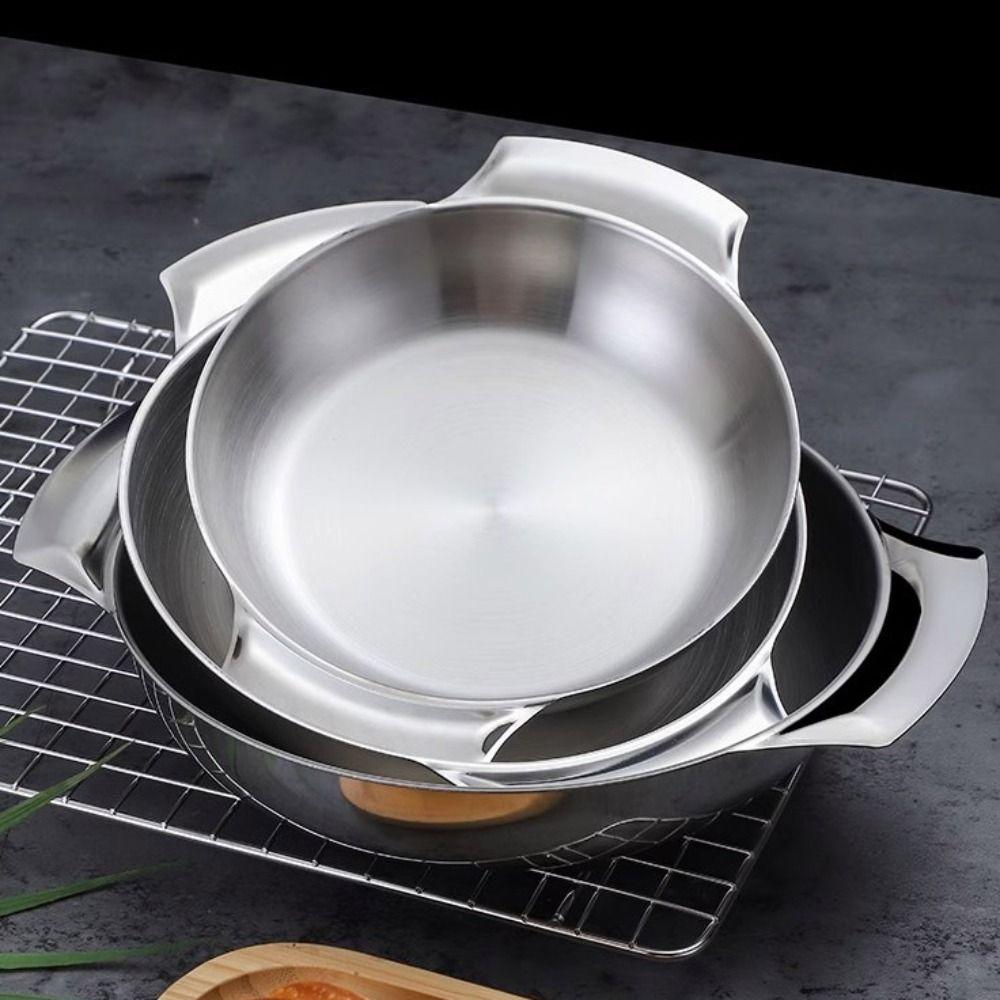 Conjoined Double Handles Cooking Pan Stainless Steel Soup Basin Korean Style Pot  Ramen