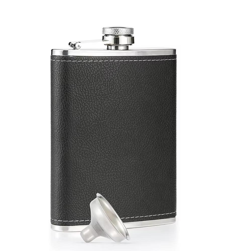 Stainless Steel Flagon with Funnel and Cups Whiskey Flasks Leather Texture Hip Flask Outdoor