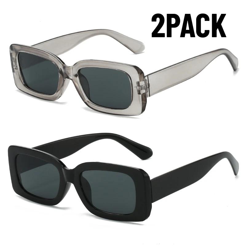 2Pack Fashion Black Square Sunglasses Men Rectangle Small Sun Glasses Male Retro Black Lens Driving Fishing  Uv400