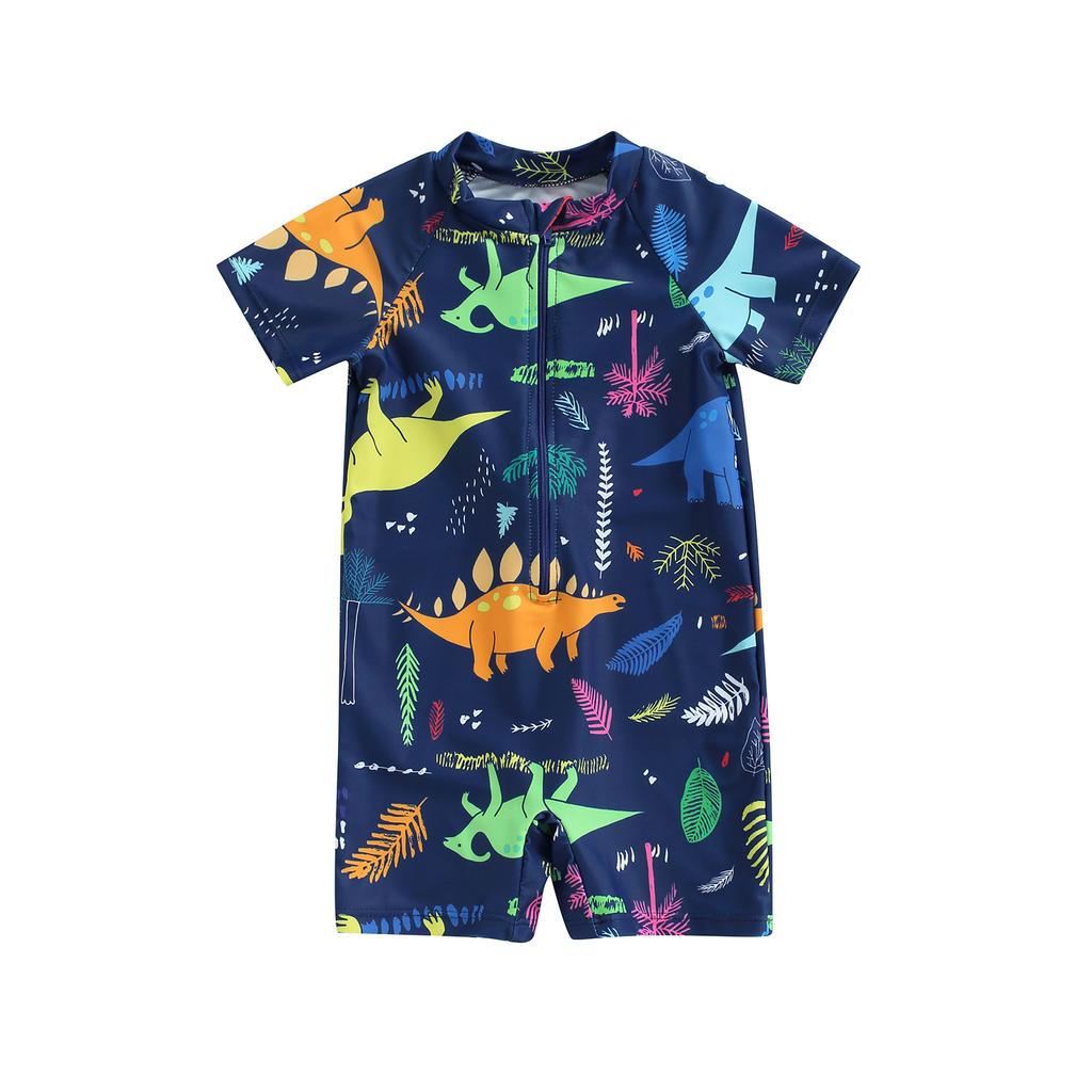 Toddler Boys One-Piece Swimsuit, Summer Short Sleeve Cartoon Animal Sun Protection Bathing Suit