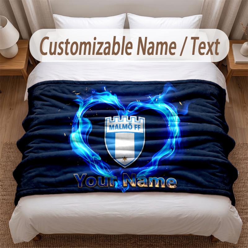 Malmö FF Printed Flannel Blanket Custom Name Text Soft Warm Throw For Bedroom Holiday Gift