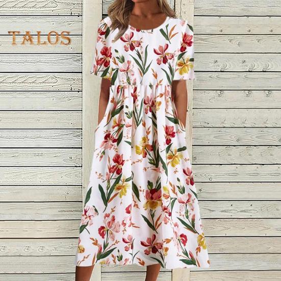 Damen Sommerkleid mit kurzen Ärmeln, lässiger Blumendruck, Rundhalsausschnitt, Midikleid mit Taschen, fließendes A-Linien-Strandkleid