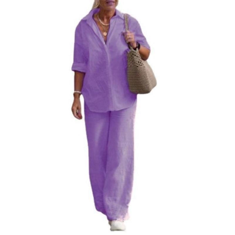 Women's  Linen Two Piece Set Casual Button Down Shirt Wide Leg Pants Outfit