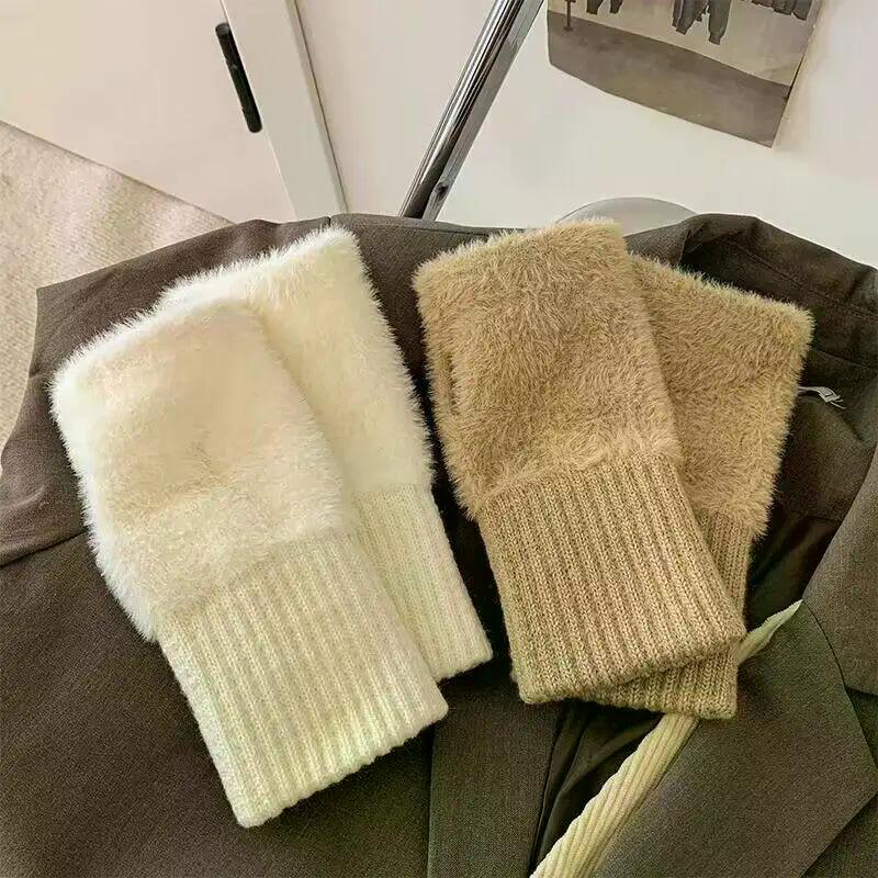 Women's Soft Winter Warmth Luxury Plush Knitted Fingerless Gloves Solid Color Imitation Mink Fleece Half Finger Gloves