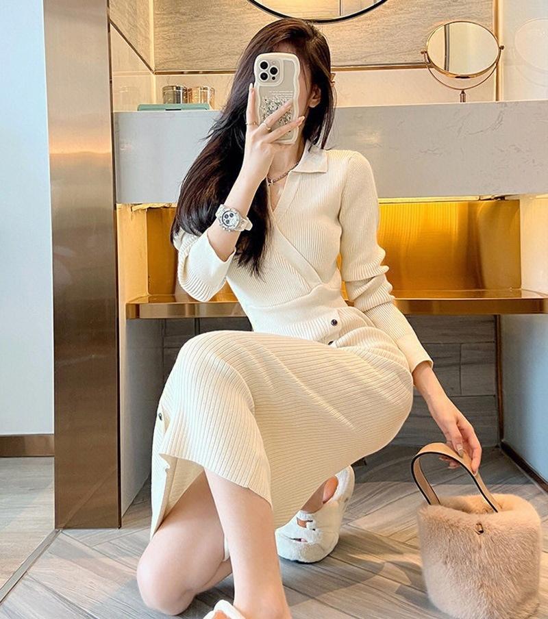 Podzimní a zimní pletené šaty s klopou, slim fit, ke kolenům, pletené šaty s kabátem uvnitř, 4 barvy