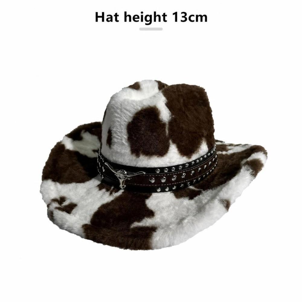 Wide Brim Plush Western Hat Rivet Strap Furry Cowboy Cap Cow Print Cowboy Hat Streetwear Outfit