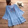 V-Neck 45720 Sleeves Lace-up Bow Summer Shirt Vintage Lace Patchwork Embroidery Flower Decor