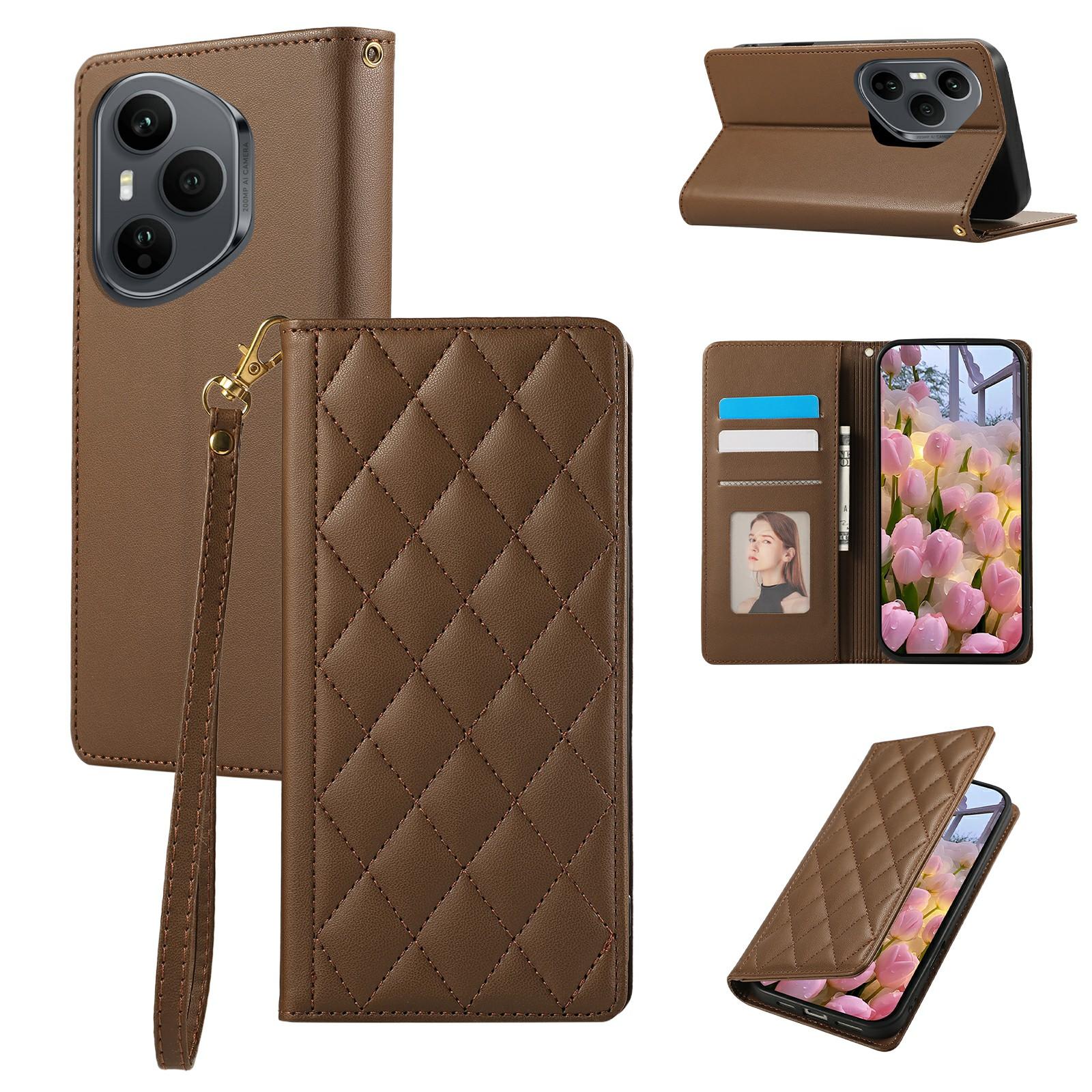 

For Honor 400 Pro 5G (Global) Case RFID Blocking Wallet Stand Rhombus Leather Phone Cover with Wrist Strap Brown