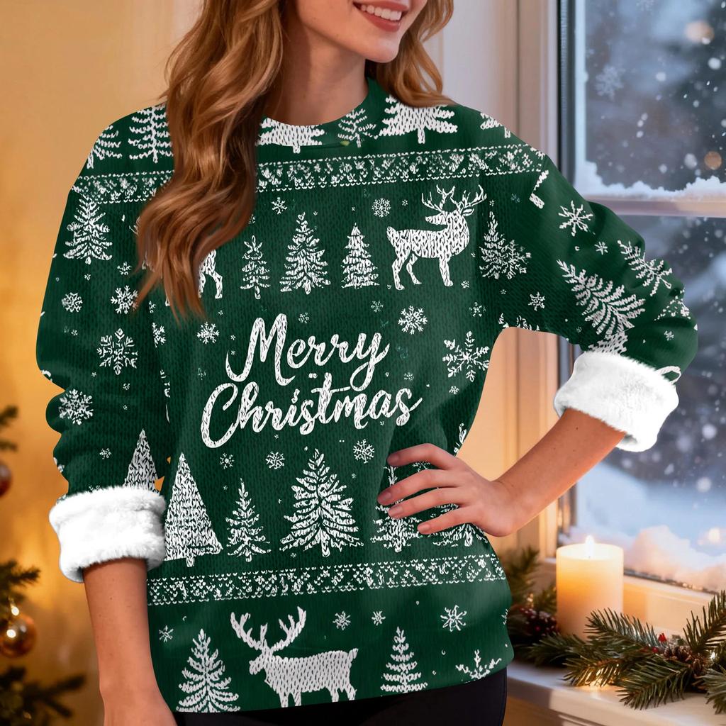 Women's Fashion Casual Long Sleeve Christmas Printed Round Neck Top Sweatshirt