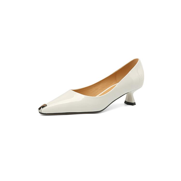 Fashion Spring/Autumn Women Pumps Pointed Toe Kitten Heel Shoes Patent Leather Shoes for Women Elegant High Heel Metal Decoration Shoes
