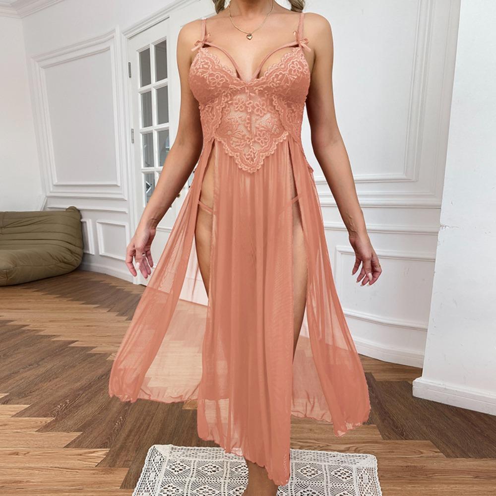 Large Size Sexy Mesh Deep V Lace Pajamas Side Split Suspender Skirt Extended Loungewear Nightdress