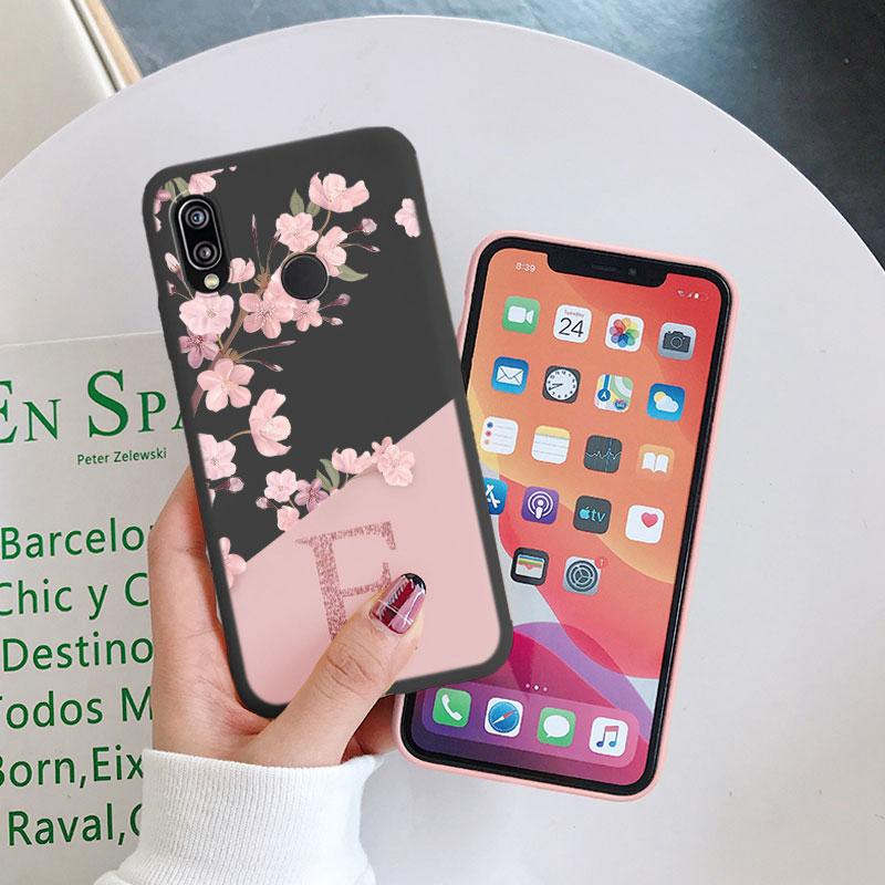 Initial Letter Silicone Case For Huawei P20 2018 P20 Lite P20 Pro Shell Retro Pink Flower Soft TPU Cover For Huawei P20 Capa