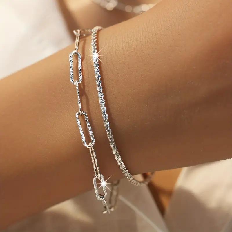 2/6PCS 925 Silver Link Chain Bracelet for Women Girls Luxury Sparkling Crystal Minimalist Daily Wear Jewelry Gift