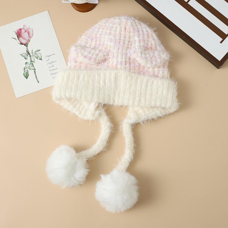 Korean Cute Colorful Bear Ear Wool Ball Cap Autumn and Winter Casual Cold Warm Hat Showing Face Small Knitted Wool Cap