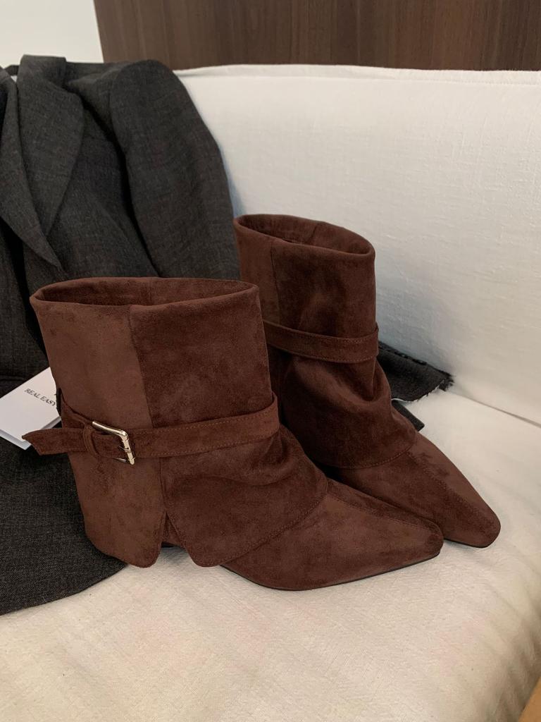 Fall 2025 new pointed toe thick heel mid-heel short pleated pile boots for women's wear with belt buckles and low-heeled boots