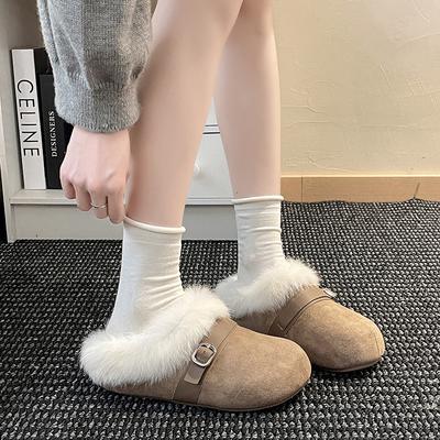 Buckle Loose Fluffy Flanged Platform Slippers Women's 2025 Winter Retro Versatile Simple Outer Wear Doudou Shoes Cotton Shoes