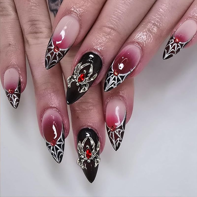 Short Almond Press on Nails Halloween Fake Nails Gothic Bat Acrylic Nail Cute Ghost False Nail with Purple Glitter Design Goth Halloween Nails Press