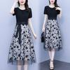 Women Midi Dress Flower Printed Fake Two Piece Mesh Bow-knot Tight Waist Dating Short Sleeves O Neck Lady Party Summer Dress Female Clothes