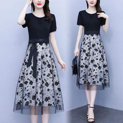 Women Midi Dress Flower Printed Fake Two Piece Mesh Bow-knot Tight Waist Dating Short Sleeves O Neck Lady Party Summer Dress Female Clothes