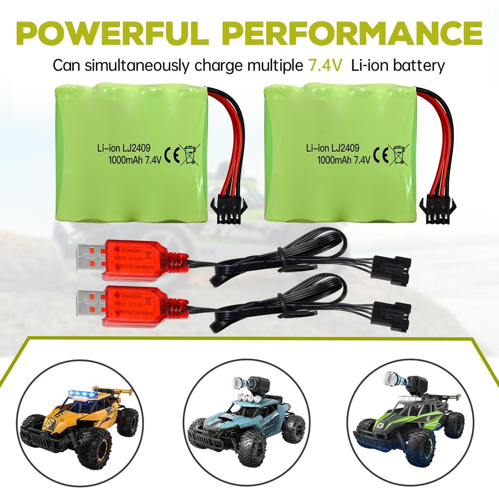 2PCS 7.4V 1000mAh SM-4P Plug Charger with USB Charging Cable for DE36W DE65 NO.1809 RC Toy Car Model Off-Road Hill Climbing Drift Racer