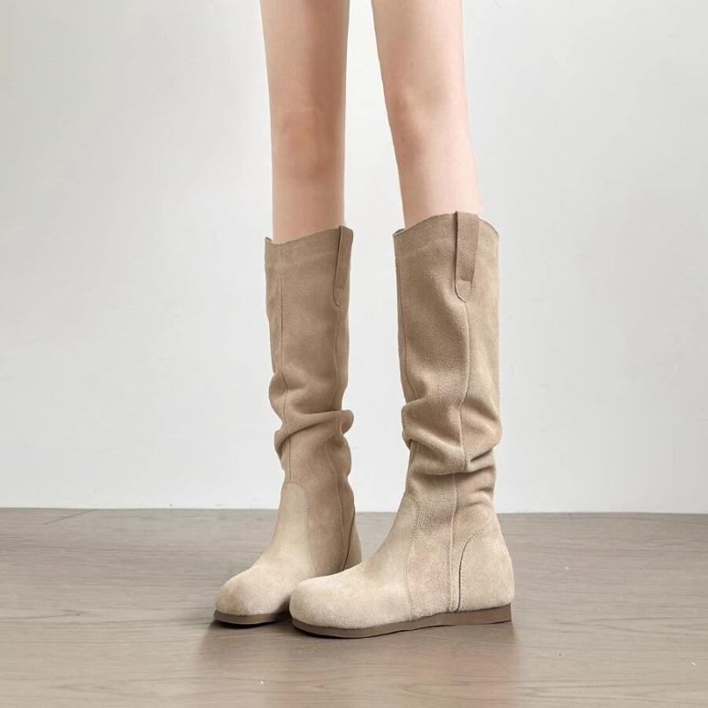 ~ Pile boots autumn and winter round head pleated Birkenstock boots women's knee flat-bottomed high boots
