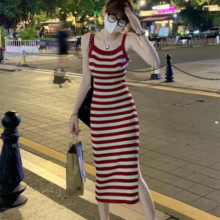 New Spice Girl striped knitted suspender dress women's split ends, waist and thin medium and long skirt, vest, hip skirt