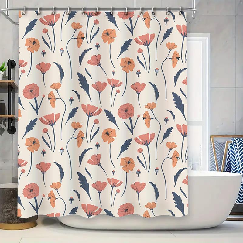 Floral Poppy Shower Curtain Pink Navy White Floral Print Bathroom Decor For Home Decoration Water Repellent Fabric 72 X 84 Inche