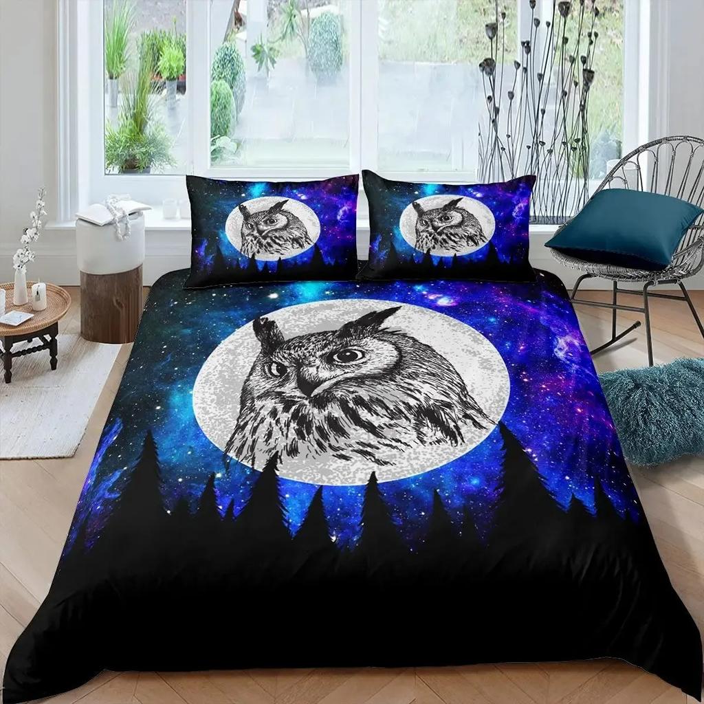 Owl Duvet Cover Set 3D Boho Owl Bedding Set Boho Exotic Style Comforter Cover Moon Safari Bird Animal Print Quilt Cover Queen