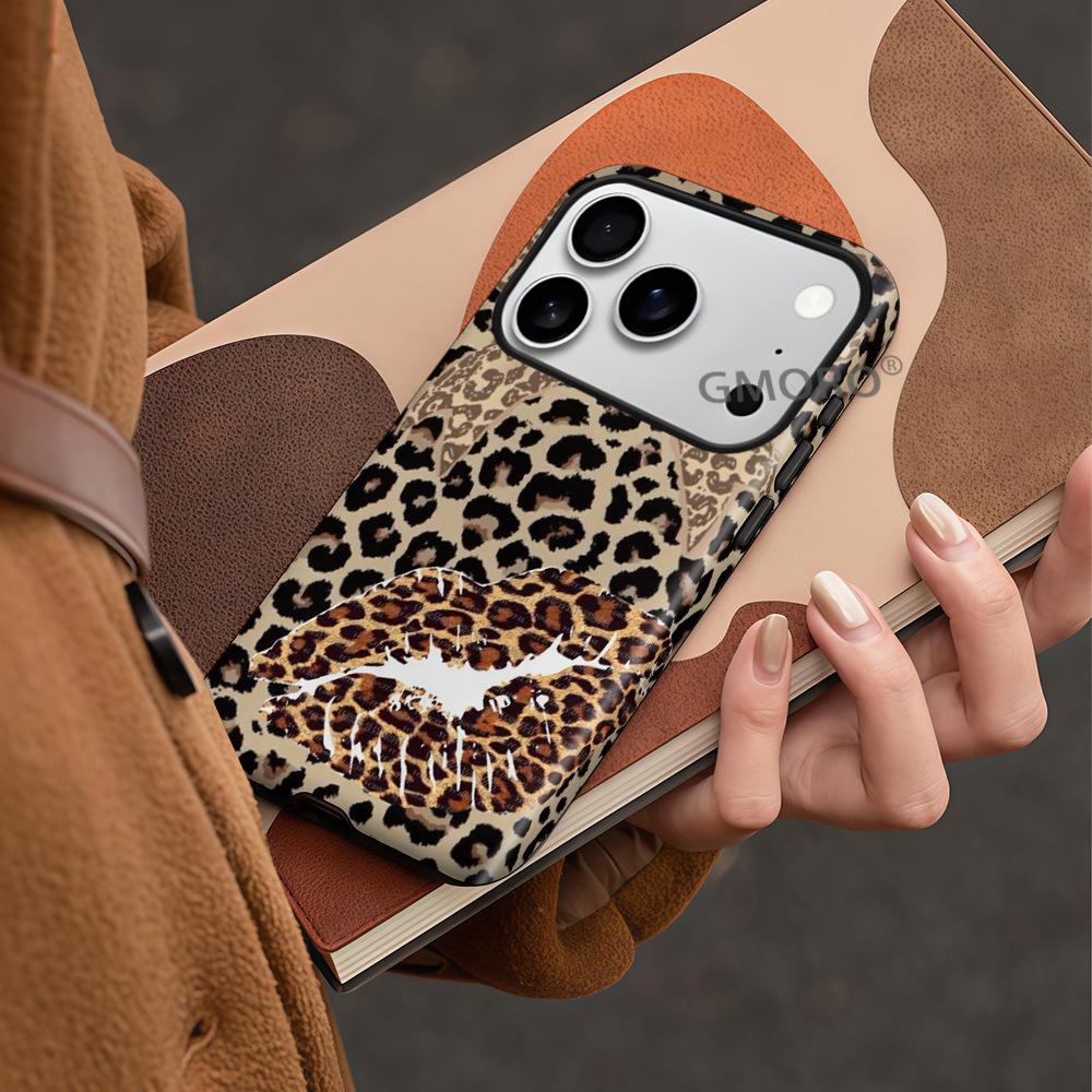 Europe and the United States hot-selling classic leopard print lip mobile phone case iPhone15 magnetic mobile phone case Apple 17 film case