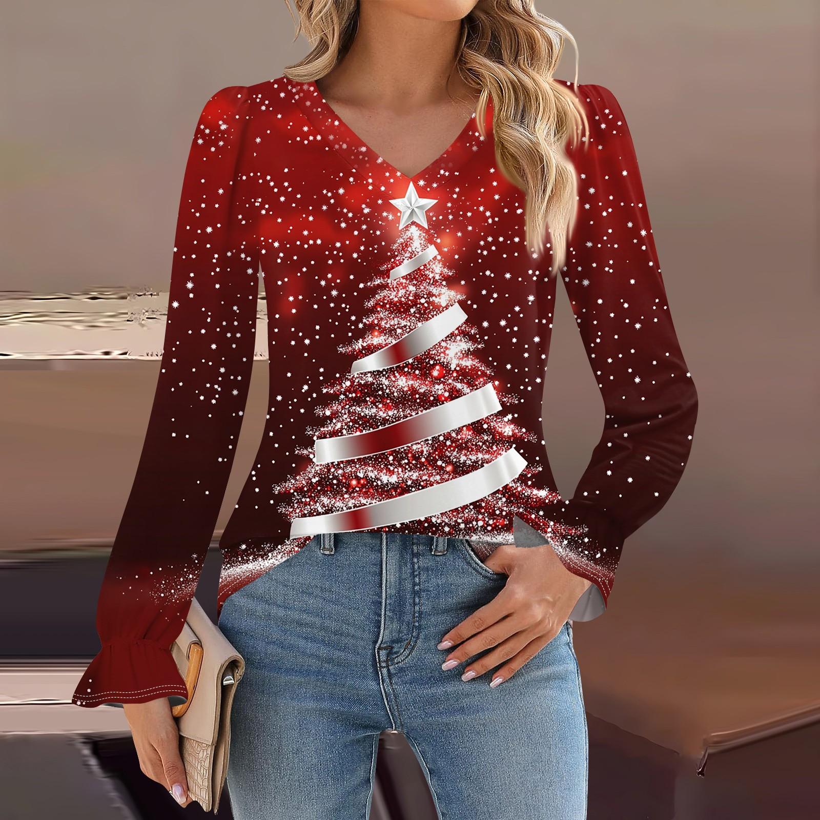 

Женская мода повседневная блузка с длинным рукавом и принтом, V-образным вырезом, рукавом-трубой XL винный