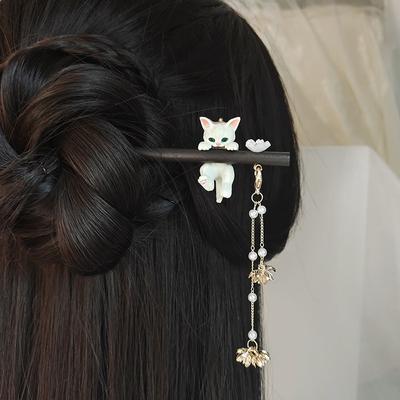 Black Ebony Wooden Hair Sticks Women Chinese Style Cute Cat Pendant Vintage Hairpin Hanfu Qipao Headwear