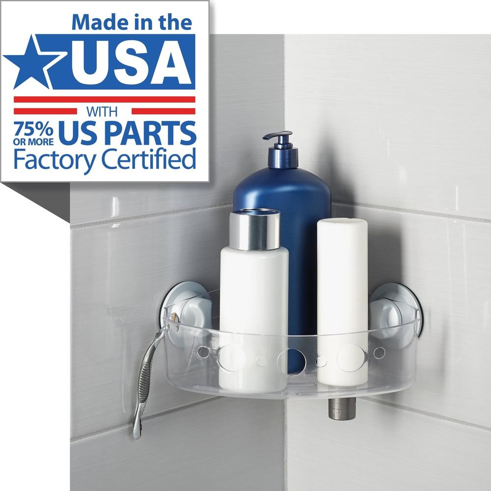 

Clear Plastic Corner Suction Bath Storage Basket Self-Draining Shelf with Power Grip Suction Cups Razor Holder Inverted Bottle United States